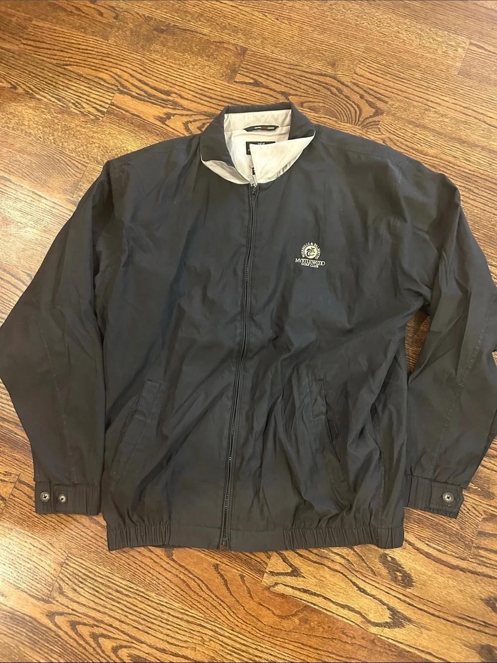 Men's Black Bomber Jacket with Contrast Cream Collar and Embroidered Logo